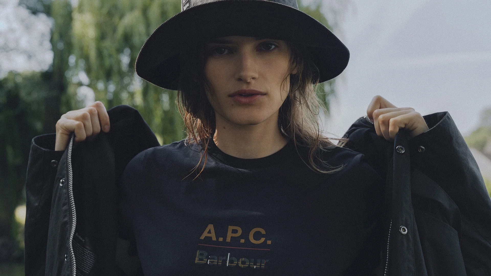 A.P.C. × Barbour Autumn/Winter 2026 — waxed jacket, bucket hat and collaboration T-shirt