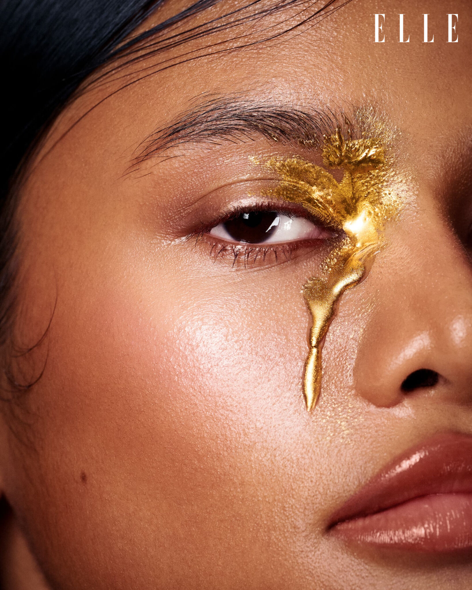 Close-up with a flowing gold detail beside the eye