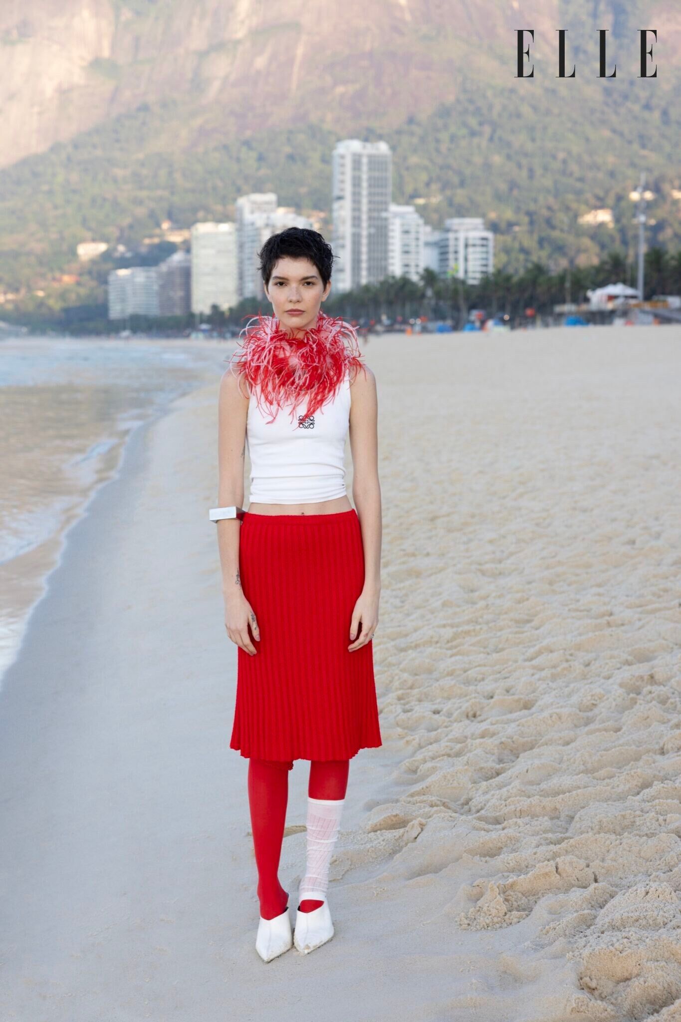 Top, Loewe; skirt, JOSEPH; bracelet, Oaoa; shoes from the wardrobe archive.