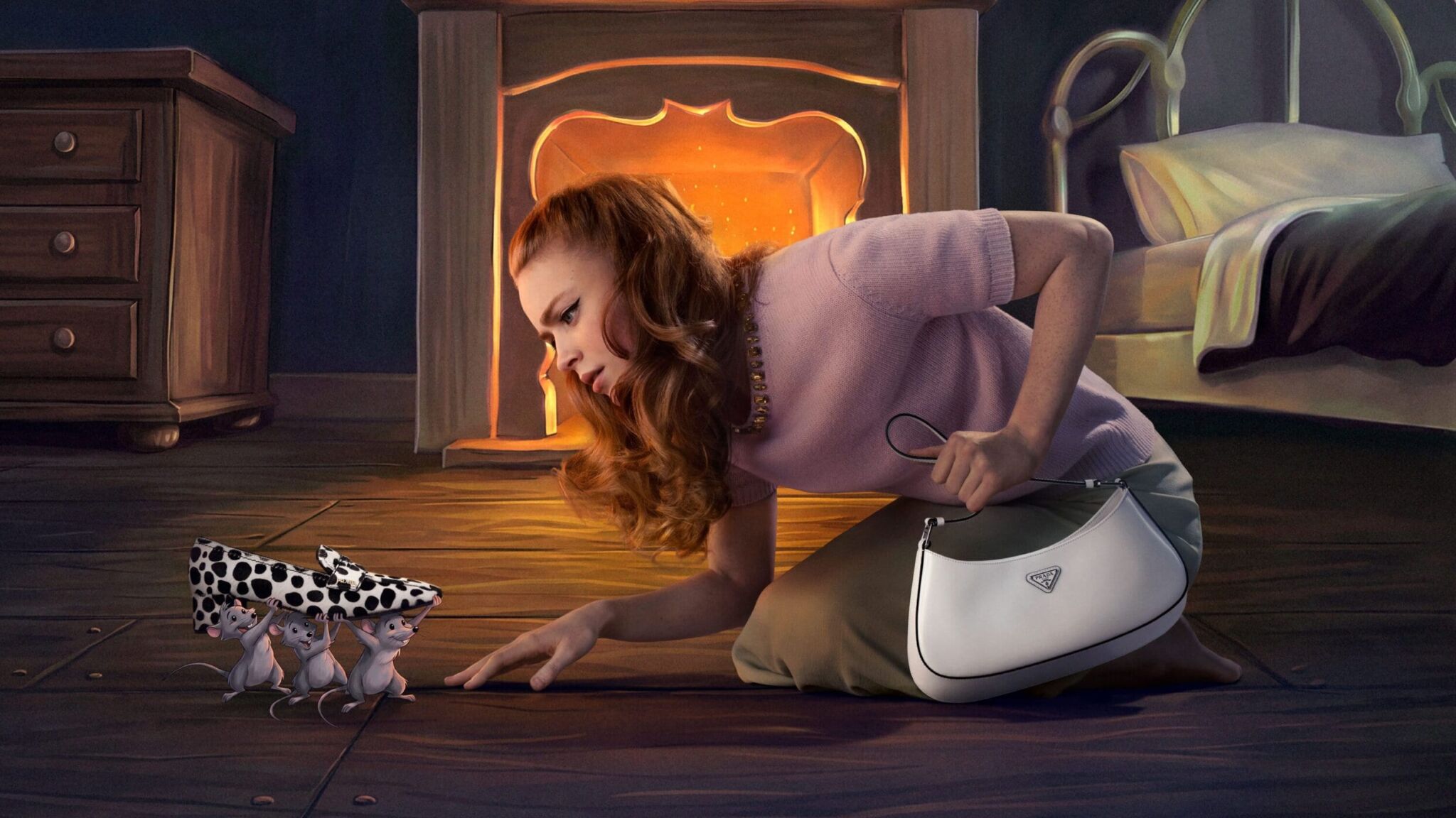 Sadie Sink with hand-drawn mice in the Prada Holiday 2026 campaign